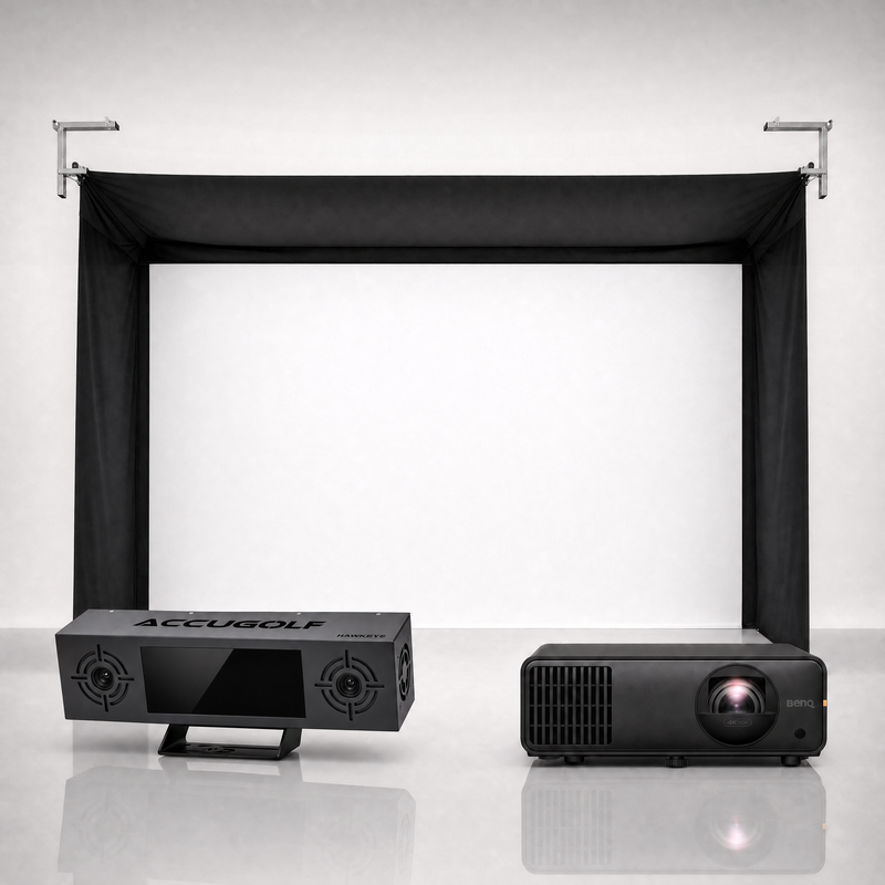 AccuGOLF Hawkeye launch monitor package hero image showing the SportScreen Vanish Golf Simulator Enclosure with a BenQ short-throw projector on a grey studio background.