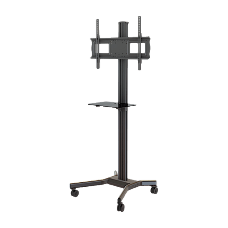 Adjustable Mobile Cart with Tempered Glass Shelf for 37" to 70" Screens front view of the black metal stand with the glass shelf attached and a wheeled base.