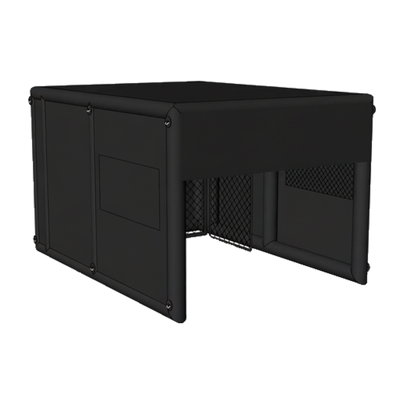 Inflatable golf simulator enclosure 12x16 black flat roof three quarter view.