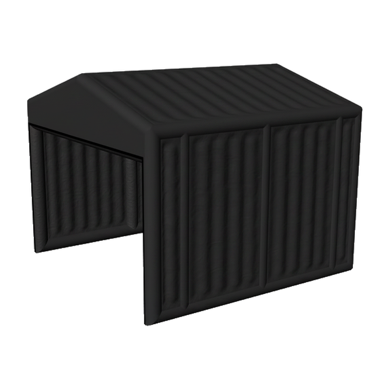 Inflatable golf simulator enclosure 16x16 black peaked roof three quarter view.