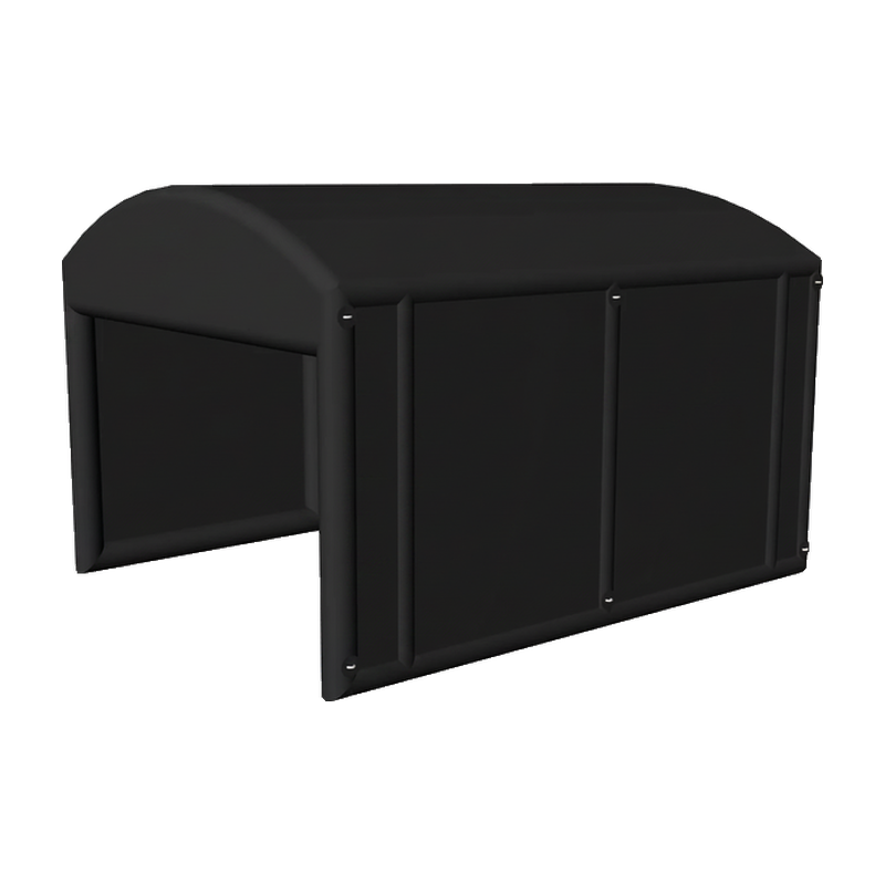 Inflatable golf simulator enclosure 16x20 black arched roof three quarter view.