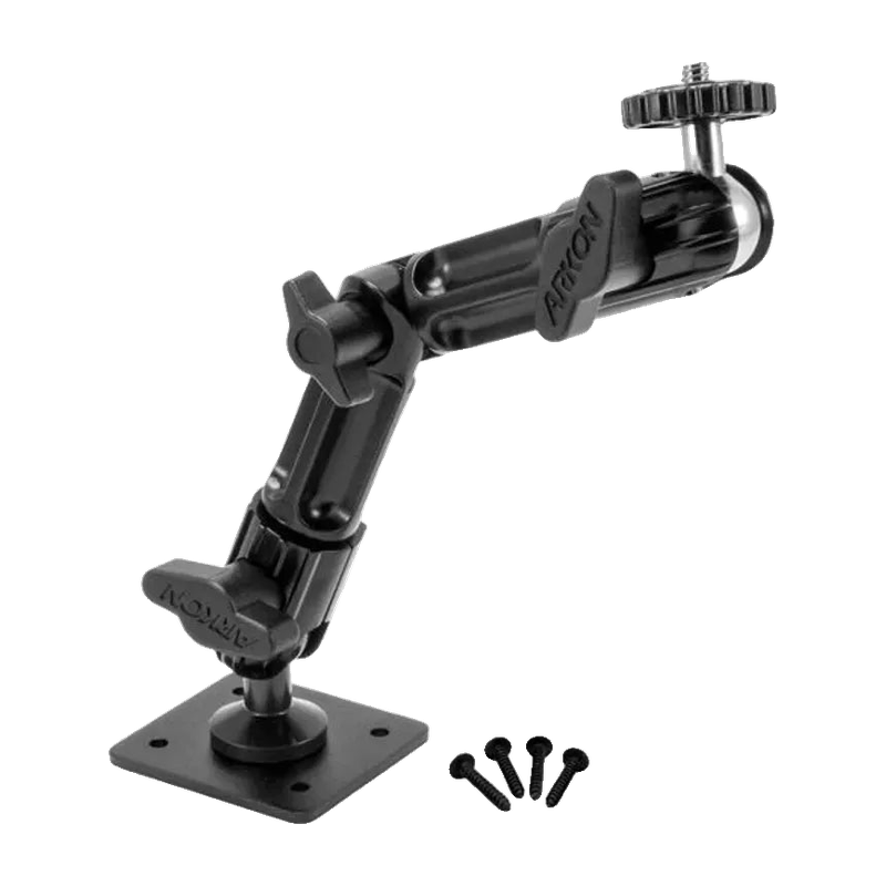 Surfthing Articulating Camera Wall Mount angled view with black case and screws.