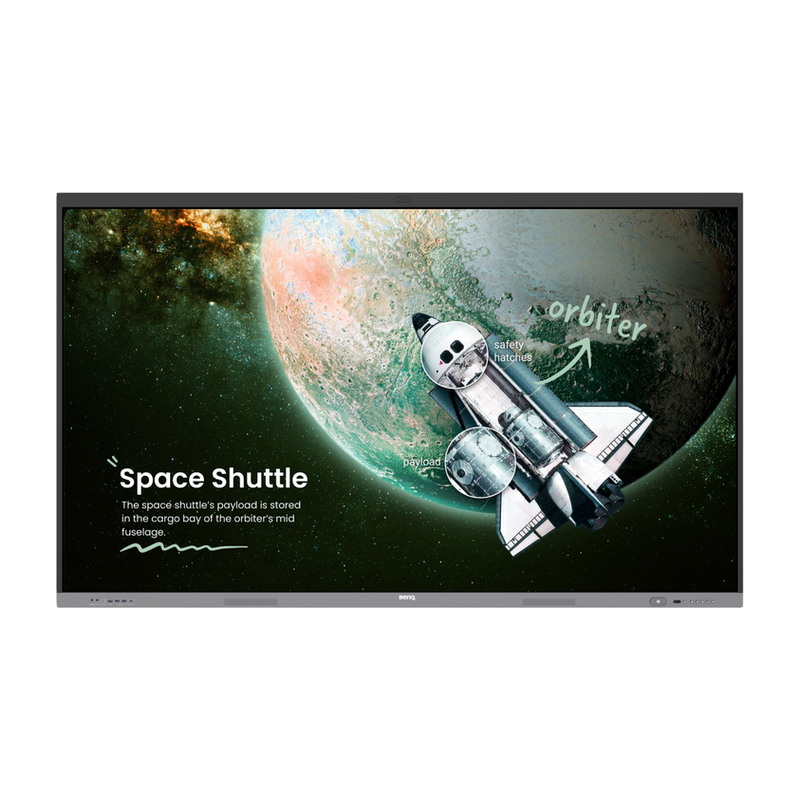 BenQ Board Essential 4K Interactive Display front view with the built-in camera showing a 4K space lesson.