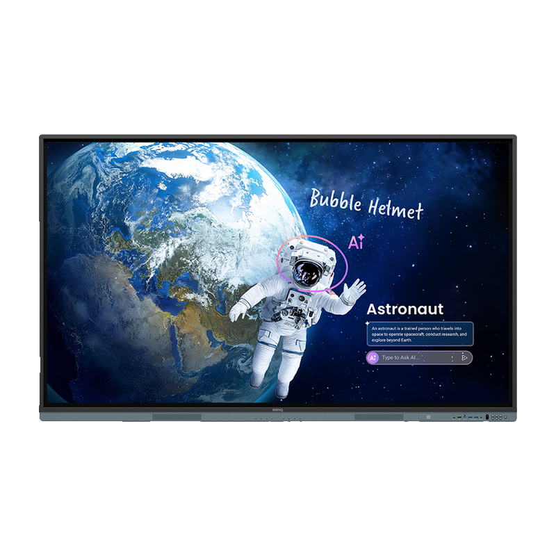 BenQ Board Master 4K Interactive Display front view displaying a 4K interactive astronomy lesson.