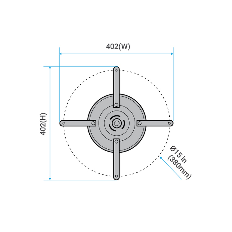 BenQ CM00G3 Universal Projector Ceiling Mount top view diagram showing the four adjustable arms and the 15 inch (380 mm) mounting hole circle.