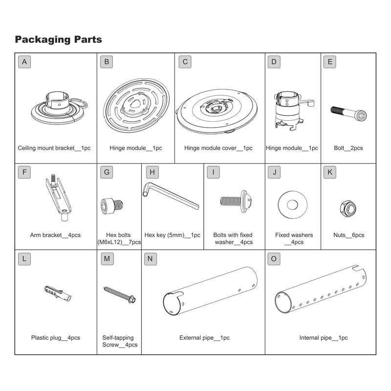 BenQ CM00G3 Universal Projector Ceiling Mount included parts and mounting hardware diagram.