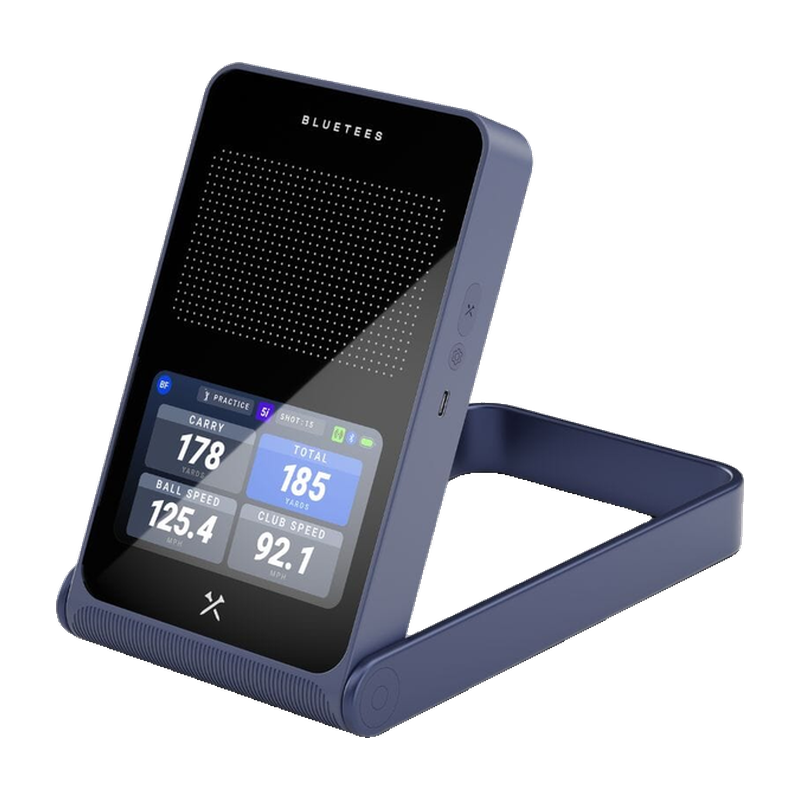 Blue Tees Rainmaker Launch Monitor angled studio view with practice data.