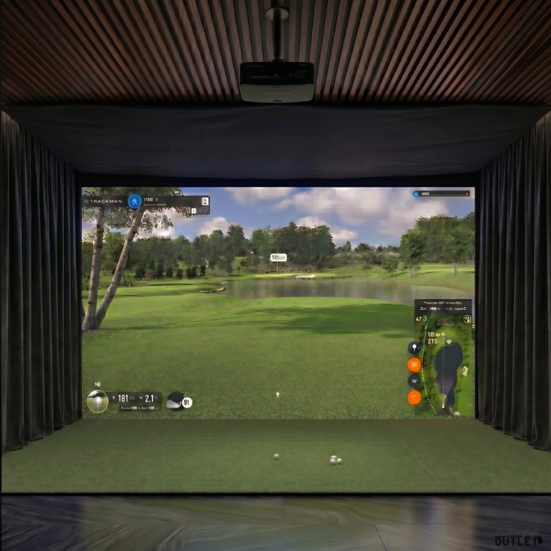 Bushnell Launch Pro Circle B custom installed golf simulator room with wall curtains and mesh ceiling.