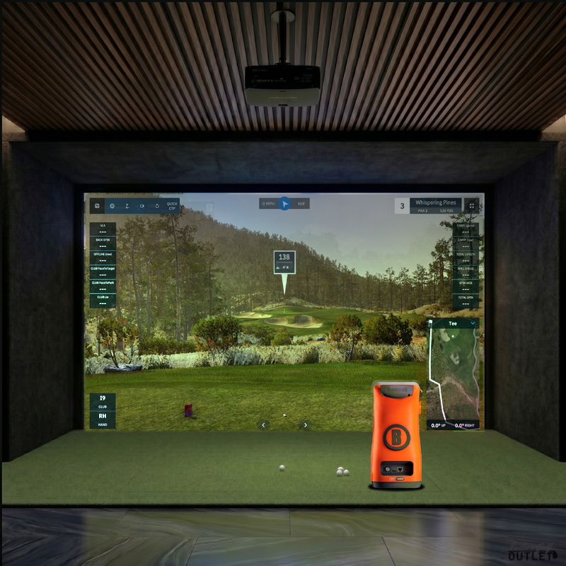 Bushnell Launch Pro Circle B custom installed golf simulator room with acoustic carpet wall and ceiling padding.