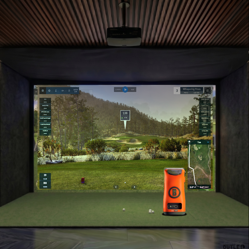 Bushnell Launch Pro Circle B custom installed golf simulator room with acoustic carpet wall padding and mesh ceiling.