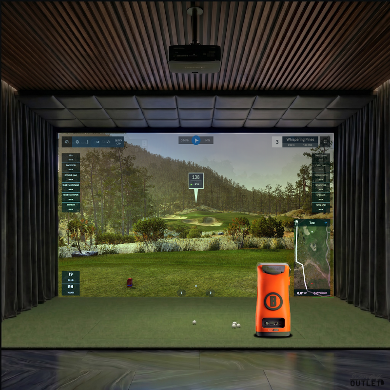Bushnell Launch Pro Circle B custom installed golf simulator room with wall curtains and leatherette ceiling padding.