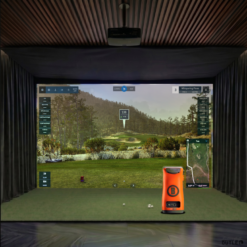 Bushnell Launch Pro Circle B custom installed golf simulator room with wall curtains and mesh ceiling.