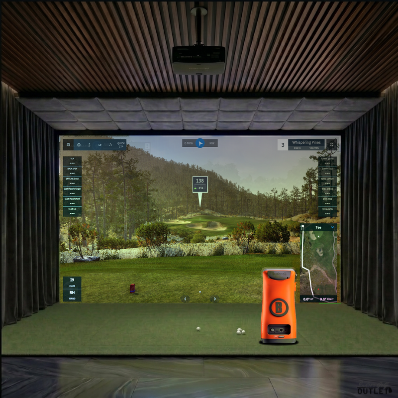Bushnell Launch Pro Circle B custom installed golf simulator room with wall curtains and velvet ceiling padding.