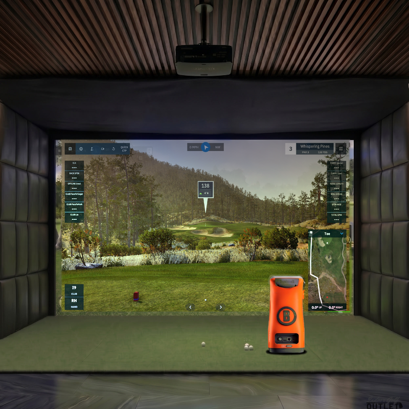 Bushnell Launch Pro Circle B custom installed golf simulator room with leatherette wall padding and mesh ceiling.