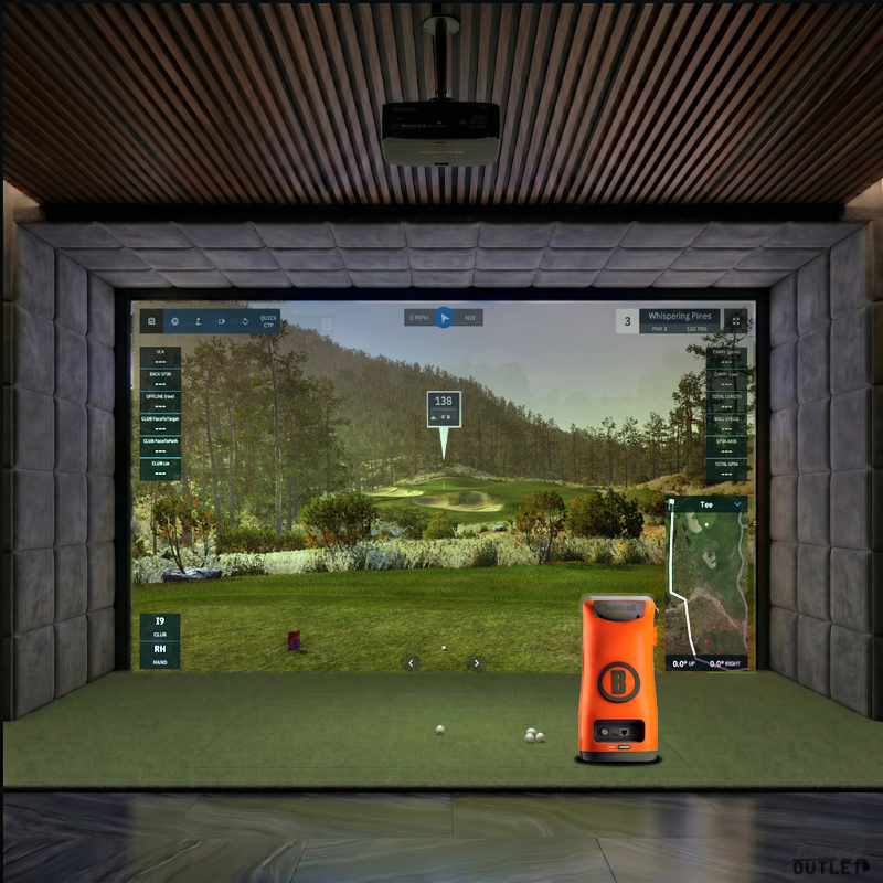 Bushnell Launch Pro Circle B custom installed golf simulator room with velvet wall and ceiling padding.