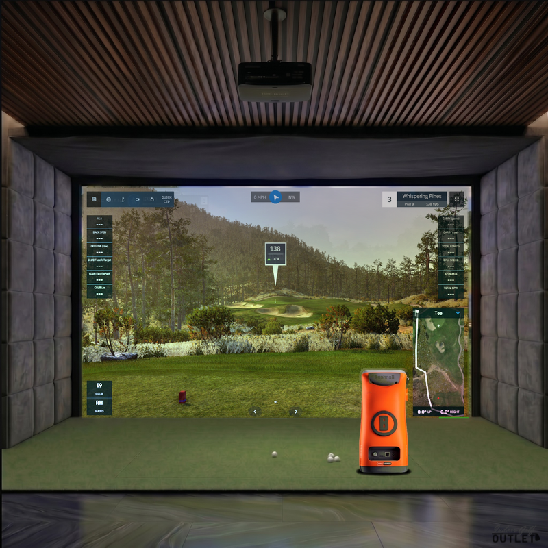 Bushnell Launch Pro Circle B custom installed golf simulator room with velvet wall padding and mesh ceiling.