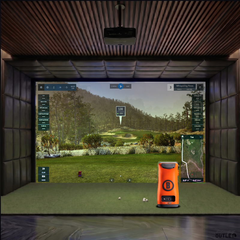 Bushnell Launch Pro Circle B custom installed golf simulator room with leatherette wall and ceiling padding.