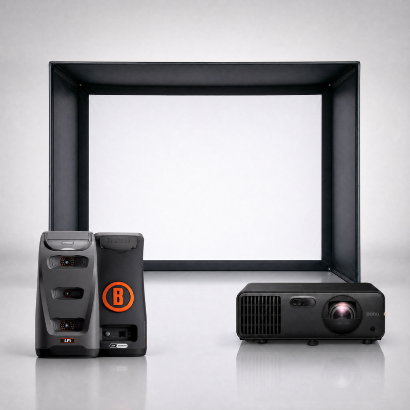 Bushnell Launch Pro Indoor launch monitor package hero image showing the SIG DIY Golf Simulator Enclosure with a BenQ short-throw projector on a grey studio background.