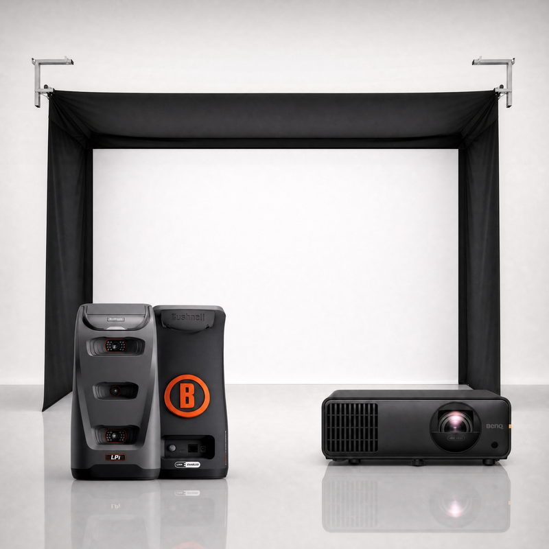 Bushnell Launch Pro Indoor launch monitor package hero image showing the SportScreen Vanish Golf Simulator Enclosure with a BenQ short-throw projector on a grey studio background.