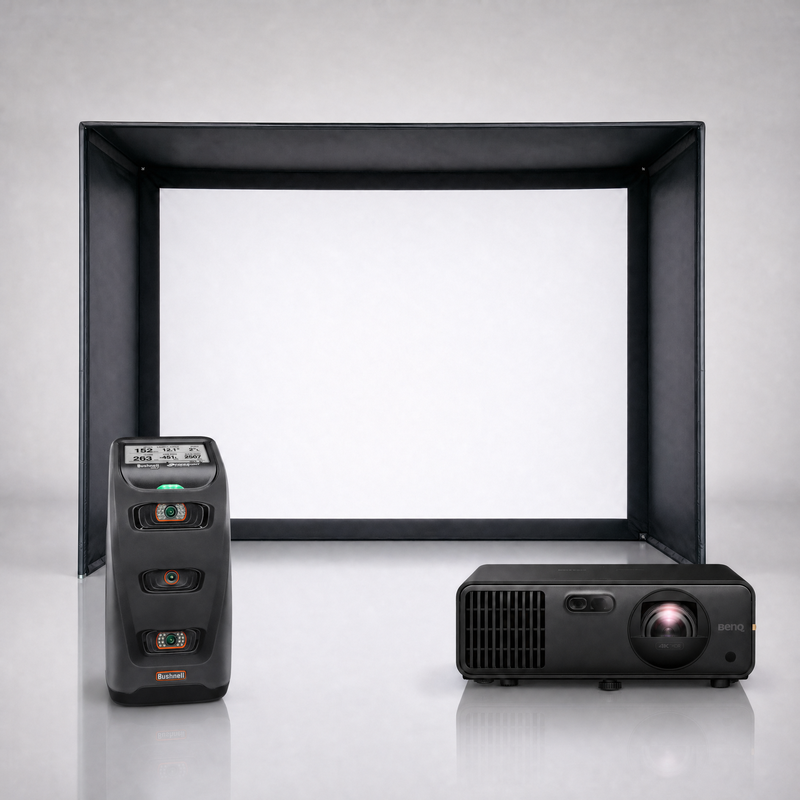 Bushnell Launch Pro launch monitor package hero image showing the SIG DIY Golf Simulator Enclosure with a BenQ short-throw projector on a grey studio background.