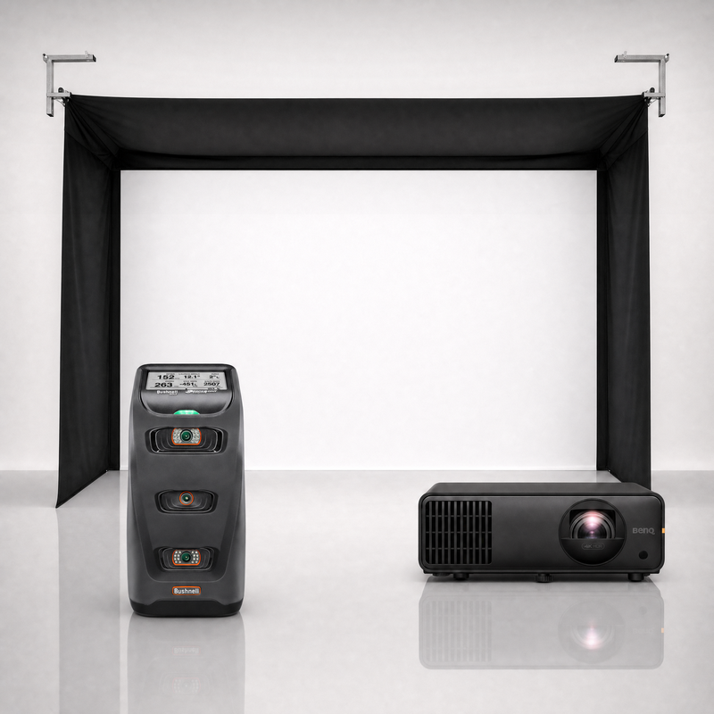 Bushnell Launch Pro launch monitor package hero image showing the SportScreen Vanish Golf Simulator Enclosure with a BenQ short-throw projector on a grey studio background.