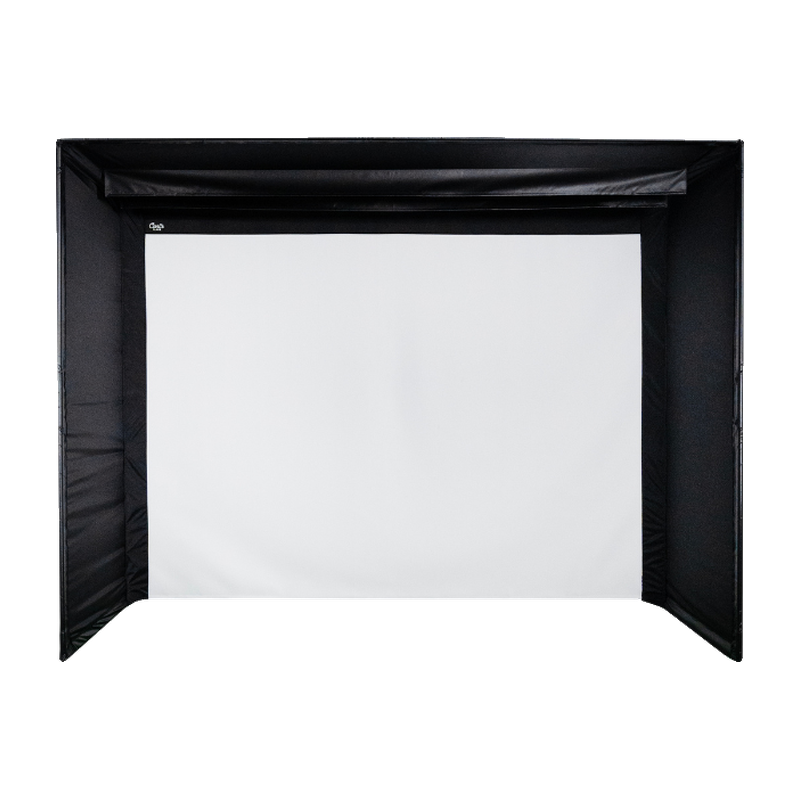 Carl's Place C-Series DIY Golf Simulator Enclosure Package with Impact Screen front view.