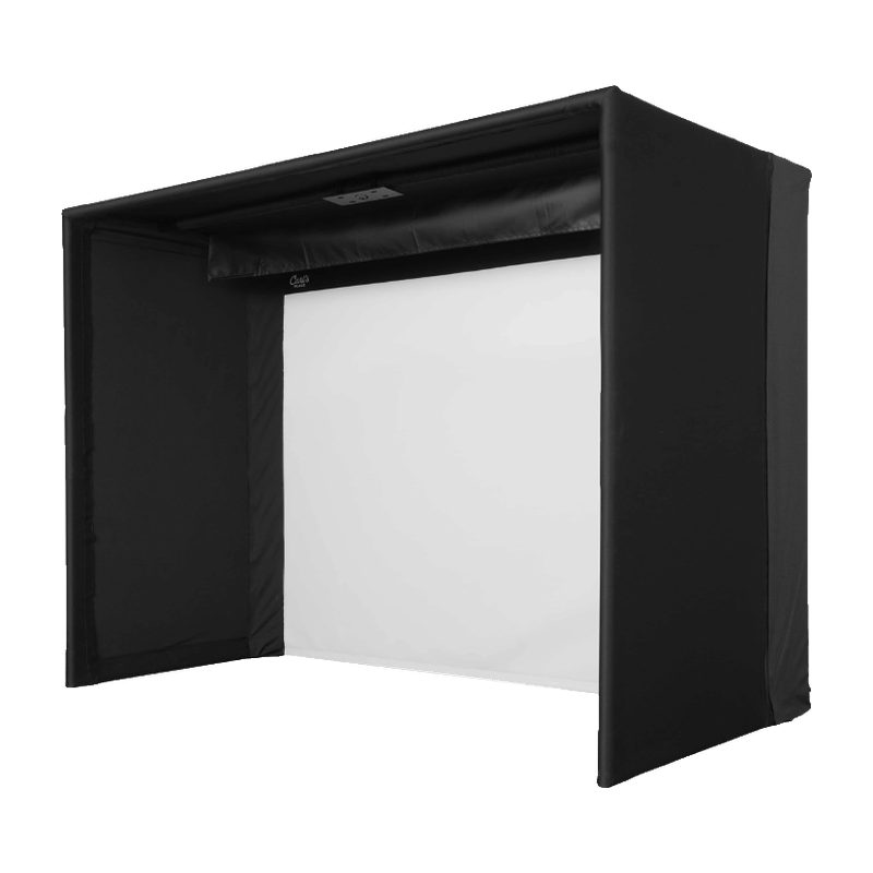 Carl's Place C-Series Pro Golf Simulator Enclosure Package front view with baffle.