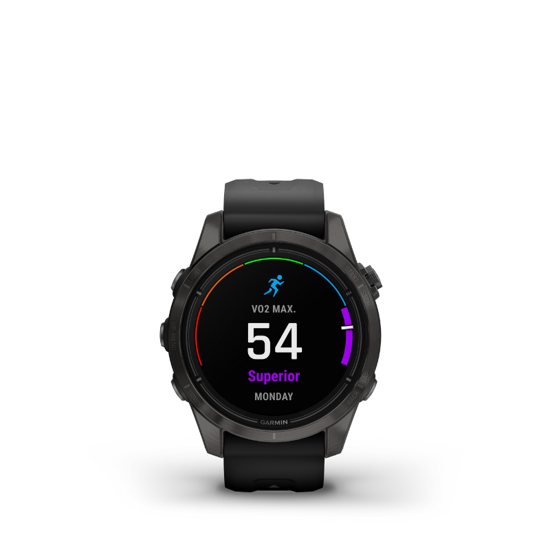 Garmin epix Pro (Gen 2) Sapphire Edition Carbon Gray with Black Band Smartwatch VO2 max user interface.