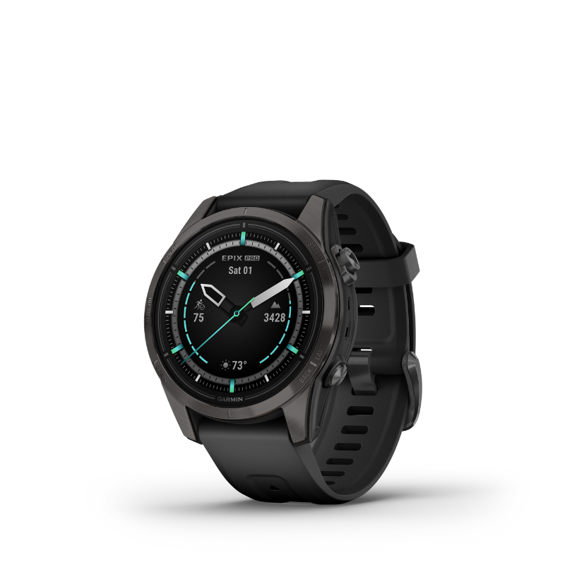 Garmin epix Pro (Gen 2) Sapphire Edition Carbon Gray with Black Band Smartwatch front view.
