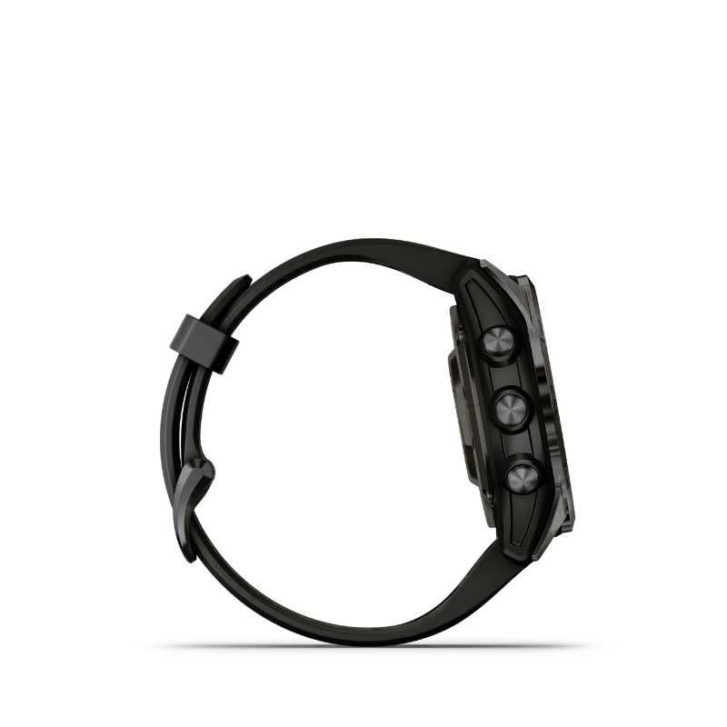 Garmin epix Pro (Gen 2) Sapphire Edition Carbon Gray with Black Band Smartwatch left side view.