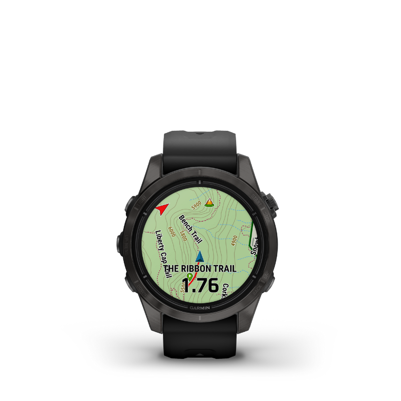 Garmin epix Pro (Gen 2) Sapphire Edition Carbon Gray with Black Band Smartwatch trail view user interface.