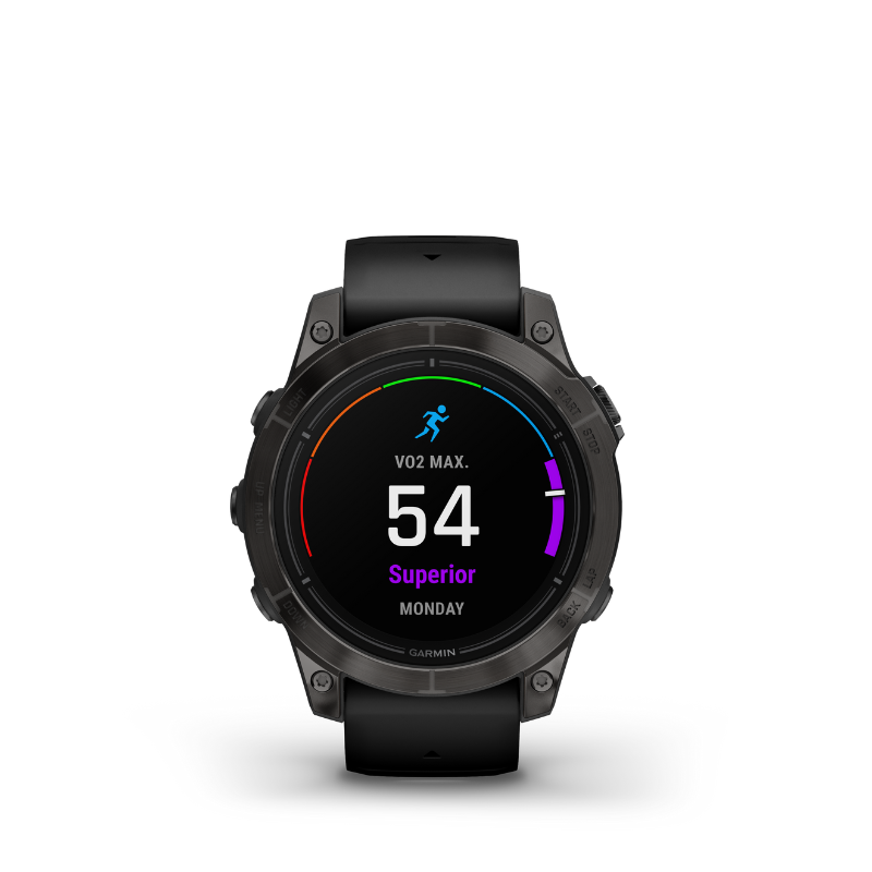 Garmin epix Pro (Gen 2) Sapphire Edition Smartwatch 47 mm Carbon Gray DLC Titanium with Black Band VO2 max user interface.