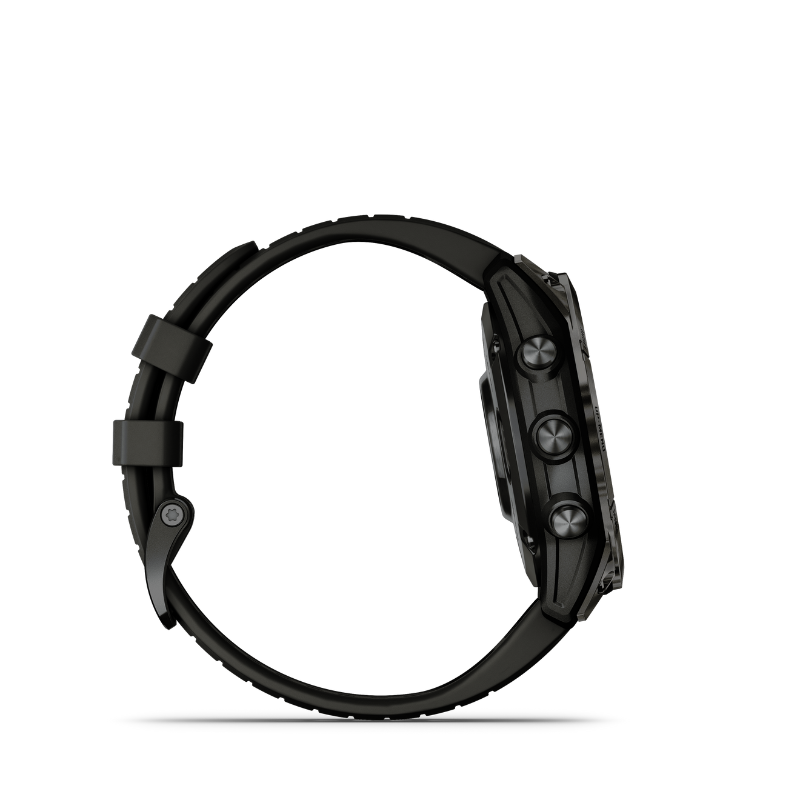 Garmin epix Pro (Gen 2) Sapphire Edition Smartwatch 47 mm Carbon Gray DLC Titanium with Black Band left side view.