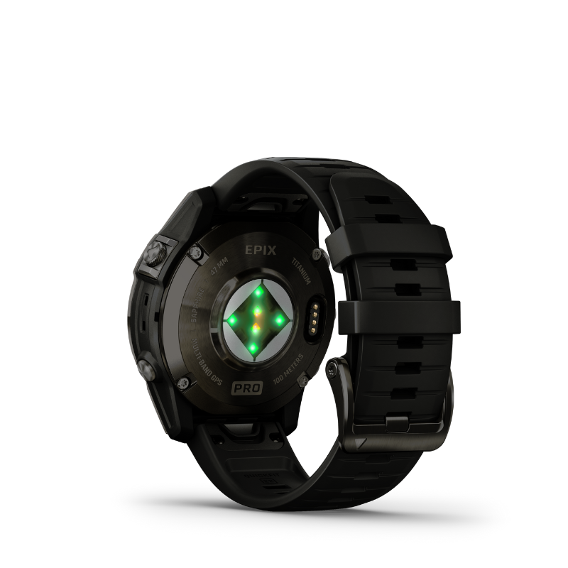 Garmin epix Pro (Gen 2) Sapphire Edition Smartwatch 47 mm Carbon Gray DLC Titanium with Black Band rear view.