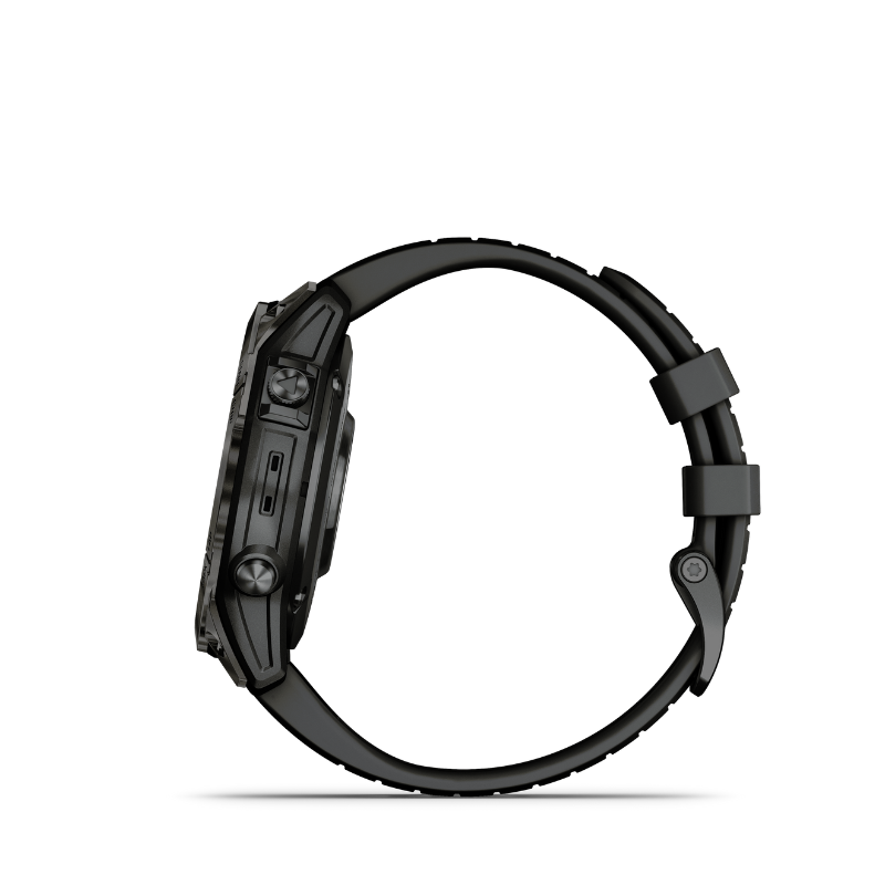 Garmin epix Pro (Gen 2) Sapphire Edition Smartwatch 47 mm Carbon Gray DLC Titanium with Black Band right side view.