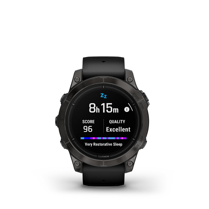 Garmin epix Pro (Gen 2) Sapphire Edition Smartwatch 47 mm Carbon Gray DLC Titanium with Black Band sleep user interface.