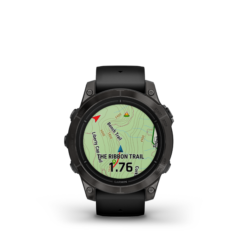 Garmin epix Pro (Gen 2) Sapphire Edition Smartwatch 47 mm Carbon Gray DLC Titanium with Black Band trail view user interface.
