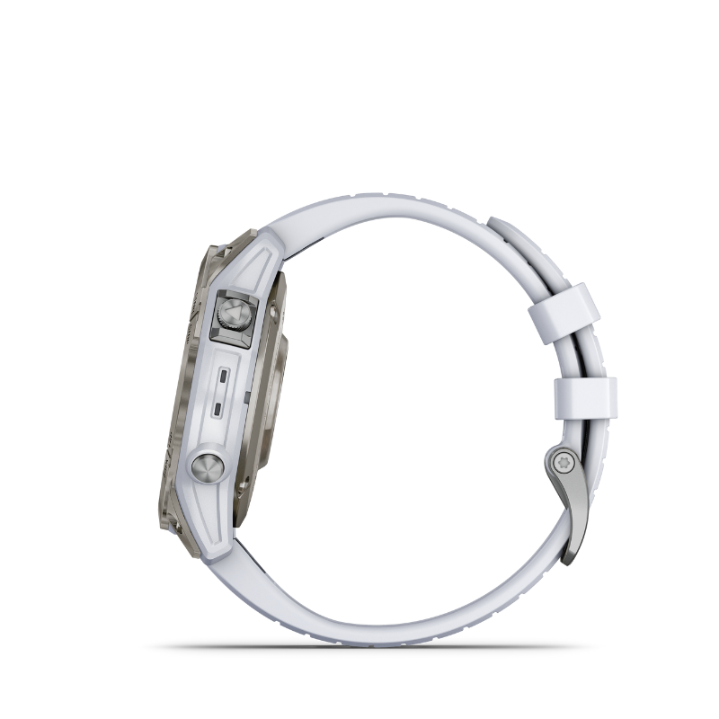 Garmin epix Pro (Gen 2) Sapphire Edition Smartwatch 47 mm Titanium with Whitestone Band right side view.