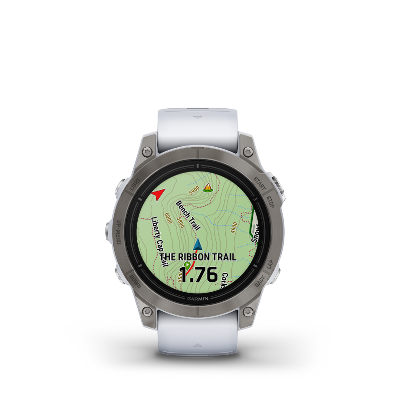 Garmin epix Pro (Gen 2) Sapphire Edition Smartwatch 47 mm Titanium with Whitestone Band trail view user interface.