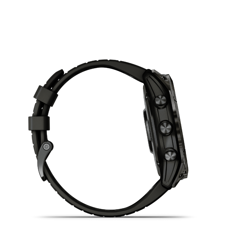 Garmin epix Pro (Gen 2) Sapphire Edition Smartwatch 51 mm Carbon Gray DLC Titanium with Black Band left side view.