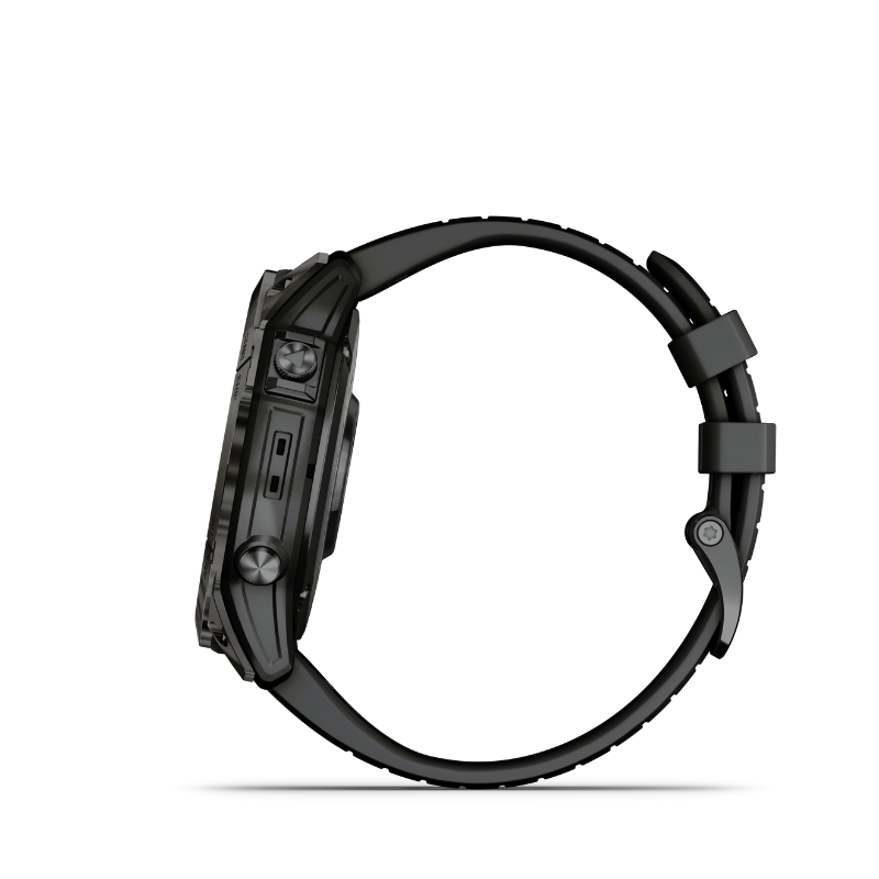 Garmin epix Pro (Gen 2) Sapphire Edition Smartwatch 51 mm Carbon Gray DLC Titanium with Black Band right side view.