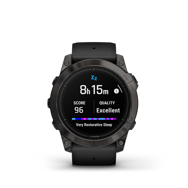 Garmin epix Pro (Gen 2) Sapphire Edition Smartwatch 51 mm Carbon Gray DLC Titanium with Black Band sleep view UI.