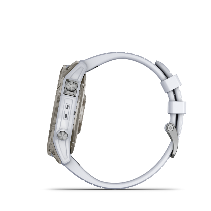 Garmin epix Pro (Gen 2) Sapphire Edition 51 mm Titanium with Whitestone Band Smartwatch right side view.