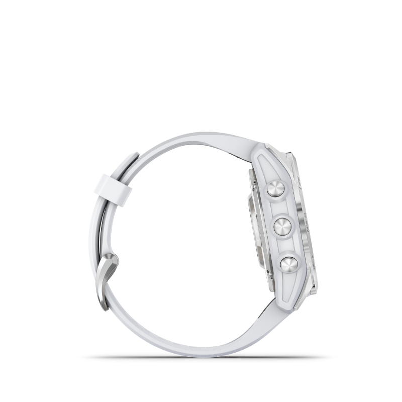 Garmin epix Pro (Gen 2) Standard Edition Silver with Whitestone Band Smartwatch left side view.