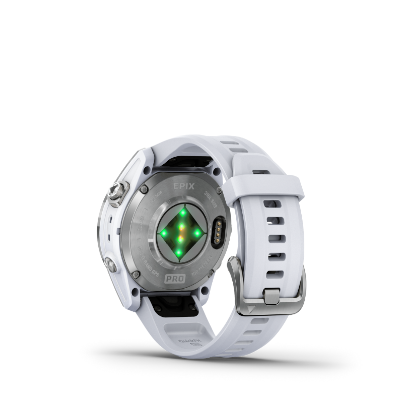 Garmin epix Pro (Gen 2) Standard Edition Silver with Whitestone Band Smartwatch rear view.