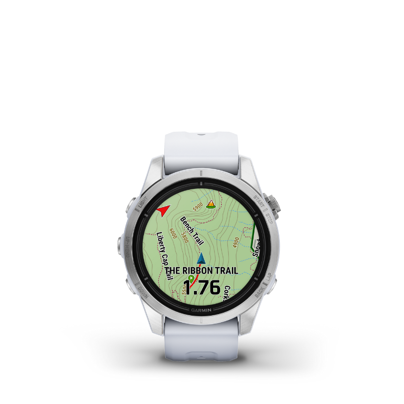 Garmin epix Pro (Gen 2) Standard Edition Silver with Whitestone Band Smartwatch trail view user interface.