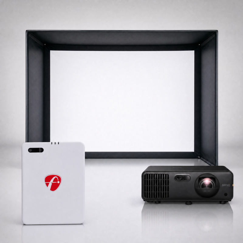 FlightScope Mevo Gen2 launch monitor package hero image showing the SIG DIY Golf Simulator Enclosure with a BenQ short-throw projector on a grey studio background.