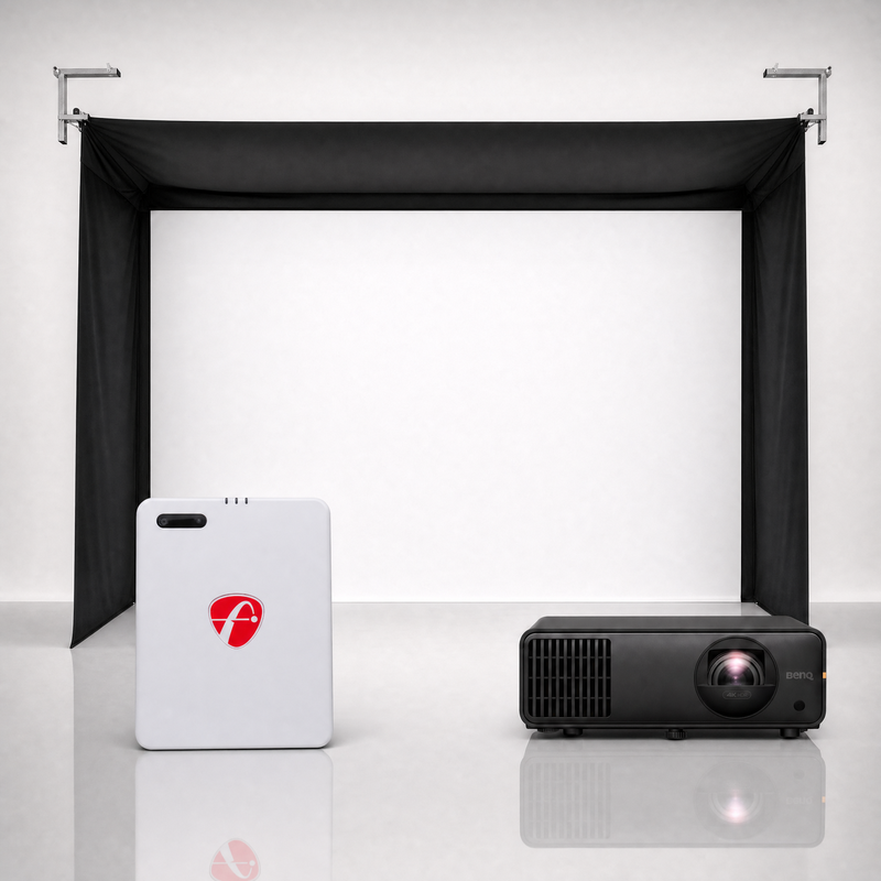 FlightScope Mevo Gen2 launch monitor package hero image showing the SportScreen Vanish Golf Simulator Enclosure with a BenQ short-throw projector on a grey studio background.