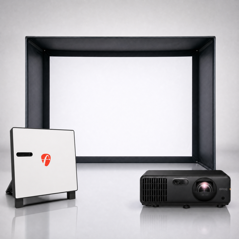 FlightScope X3C launch monitor package hero image showing the SIG DIY Golf Simulator Enclosure with a BenQ short-throw projector on a grey studio background.