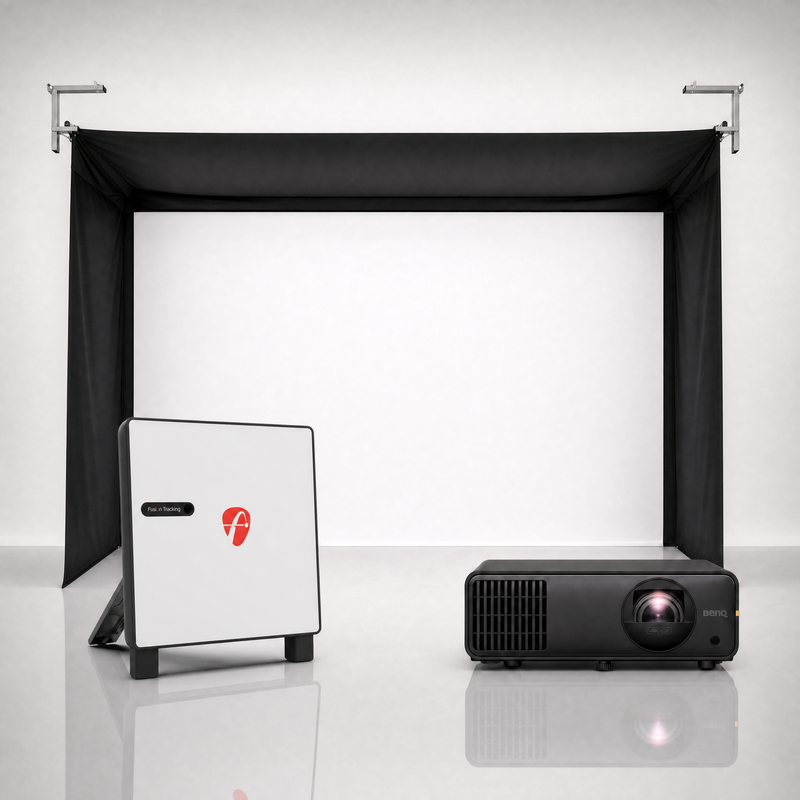 FlightScope X3C launch monitor package hero image showing the SportScreen Vanish Golf Simulator Enclosure with a BenQ short-throw projector on a grey studio background.